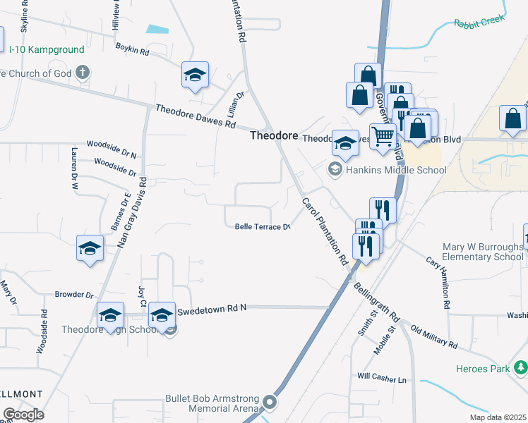 map of restaurants, bars, coffee shops, grocery stores, and more near in Theodore