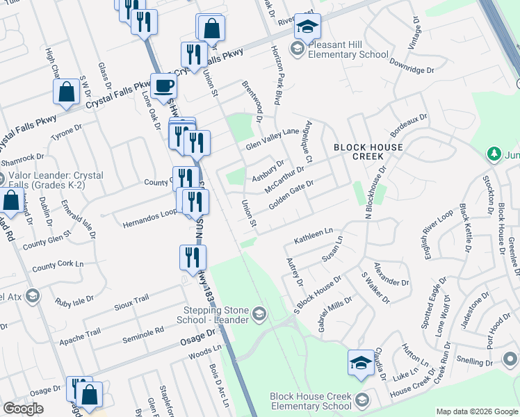 map of restaurants, bars, coffee shops, grocery stores, and more near 2200 Trolley Cove in Leander