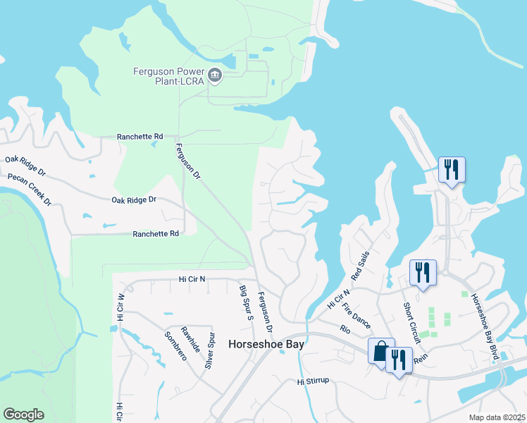 map of restaurants, bars, coffee shops, grocery stores, and more near 103 Running Bear in Horseshoe Bay