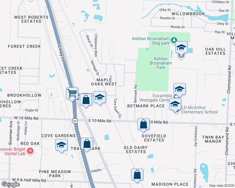 map of restaurants, bars, coffee shops, grocery stores, and more near 10600 Tara Dawn Circle in Pensacola