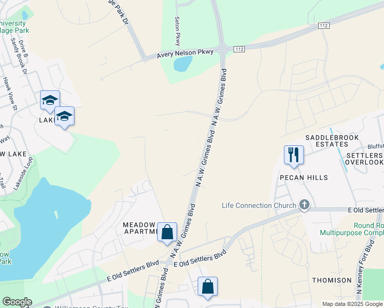 map of restaurants, bars, coffee shops, grocery stores, and more near 3550 North A.W. Grimes Boulevard in Round Rock