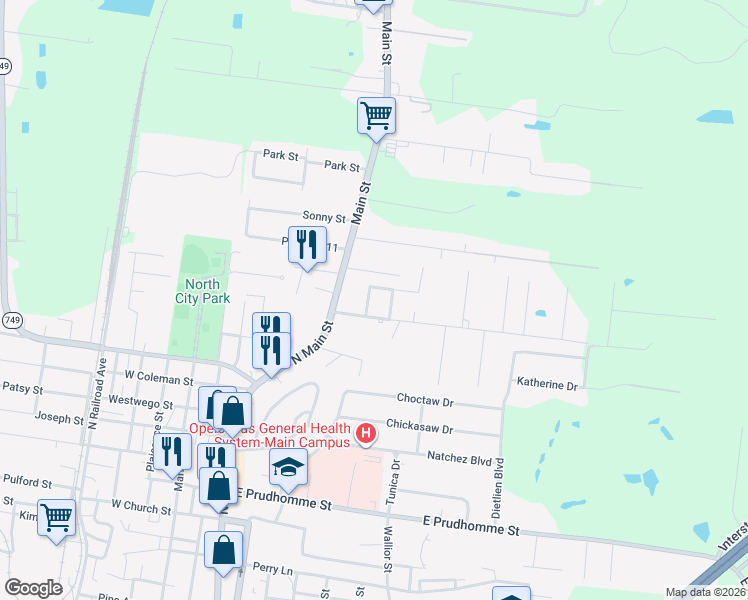 map of restaurants, bars, coffee shops, grocery stores, and more near 201-389 McNeese St in Opelousas