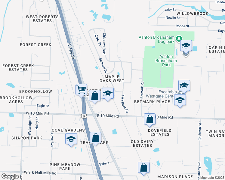 map of restaurants, bars, coffee shops, grocery stores, and more near 10393 Senegal Drive in Pensacola