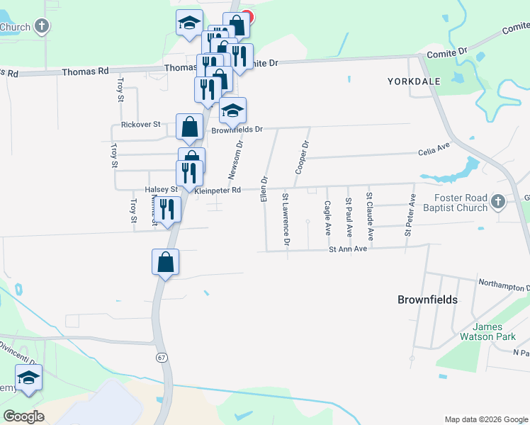 map of restaurants, bars, coffee shops, grocery stores, and more near 11615 Ellen Drive in Baton Rouge