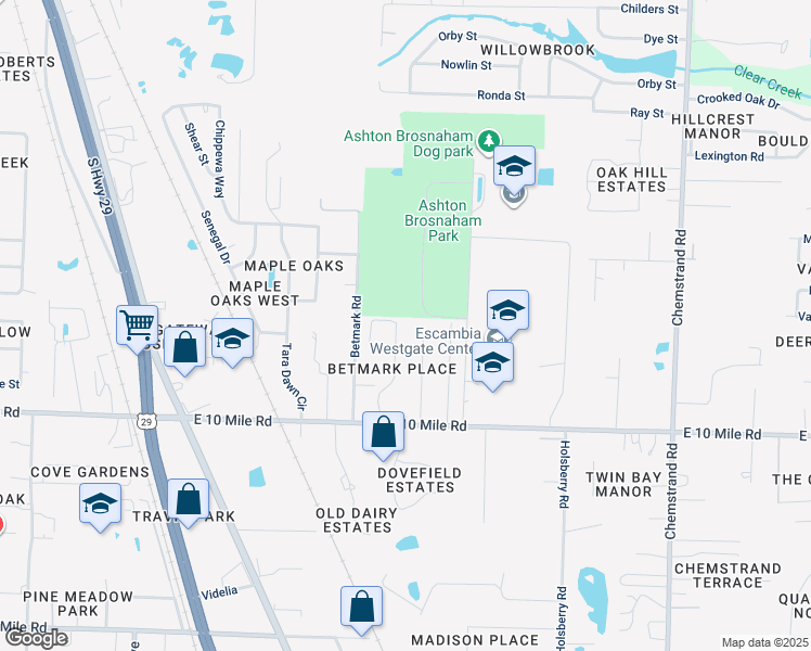 map of restaurants, bars, coffee shops, grocery stores, and more near 10494 Millbrook Drive in Pensacola