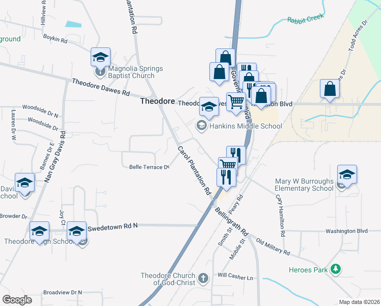 map of restaurants, bars, coffee shops, grocery stores, and more near 6759 Carol Plantation Road in Theodore