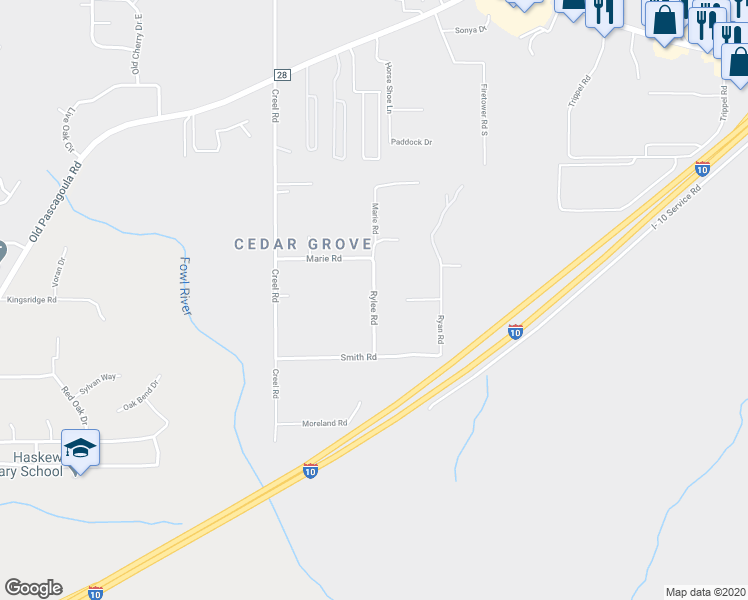 map of restaurants, bars, coffee shops, grocery stores, and more near 6739 Rylee Road in Theodore