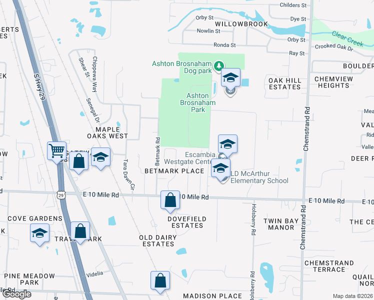 map of restaurants, bars, coffee shops, grocery stores, and more near 1146 Camaree Place in Pensacola