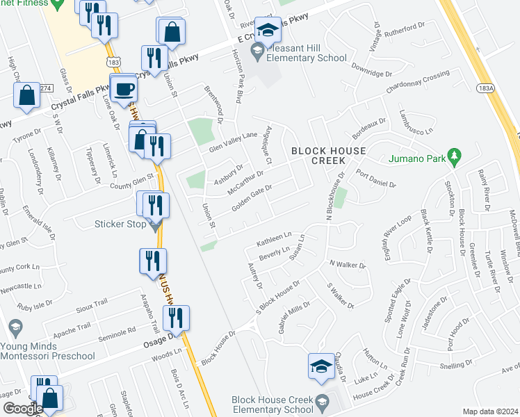 map of restaurants, bars, coffee shops, grocery stores, and more near 2202 Piedmont Court in Leander