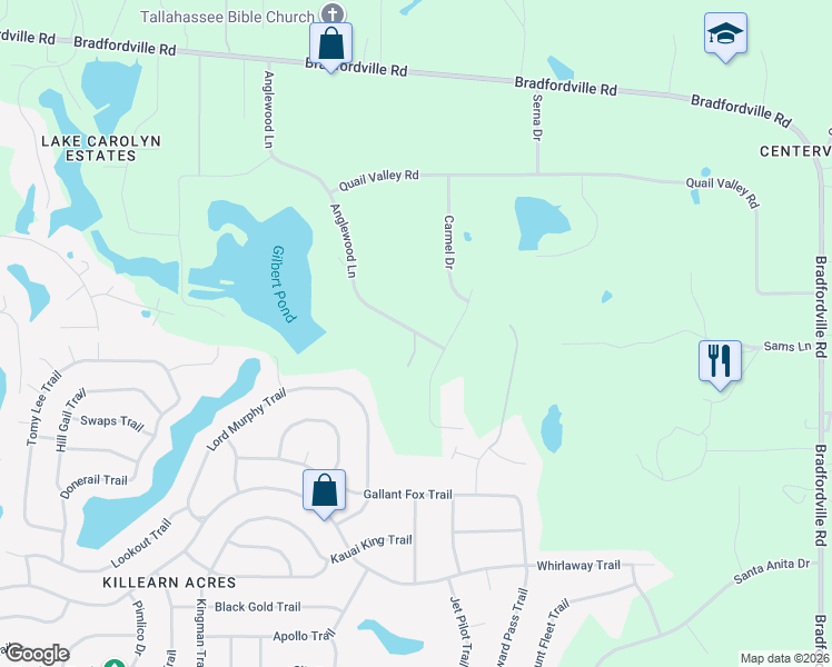 map of restaurants, bars, coffee shops, grocery stores, and more near 702 Anglewood Lane in Tallahassee