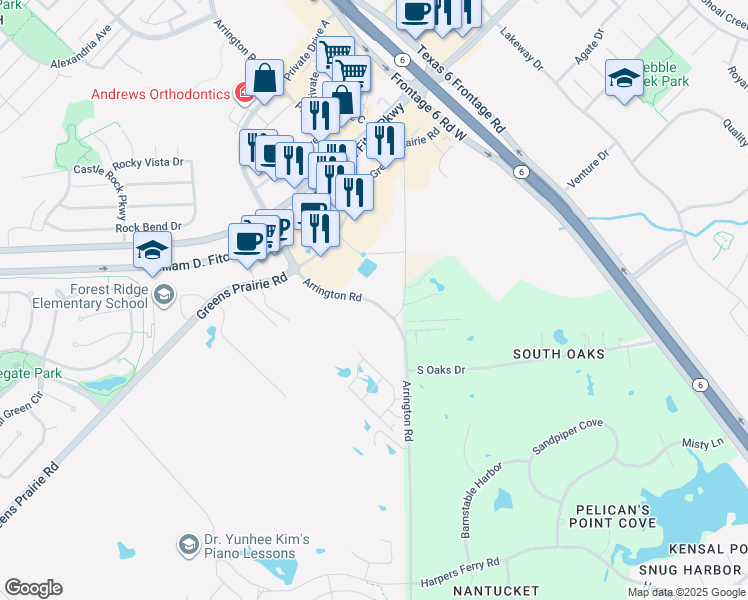 map of restaurants, bars, coffee shops, grocery stores, and more near 1603 Old Arrington Road in College Station