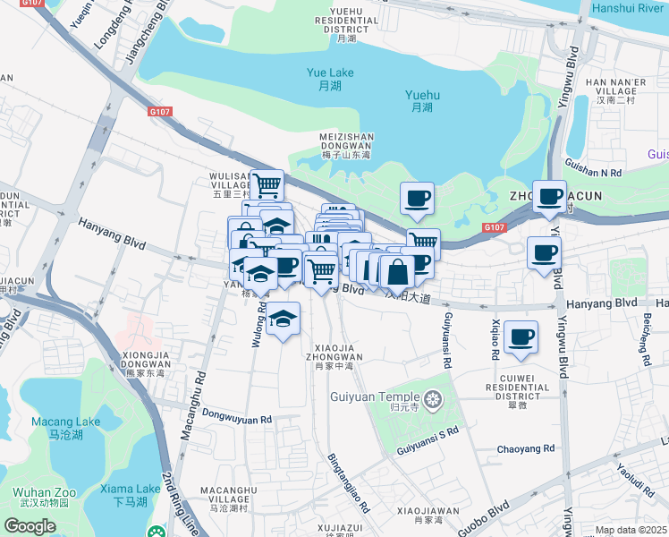 map of restaurants, bars, coffee shops, grocery stores, and more near 32 Che Zhan Qian Lu in Wu Han Shi