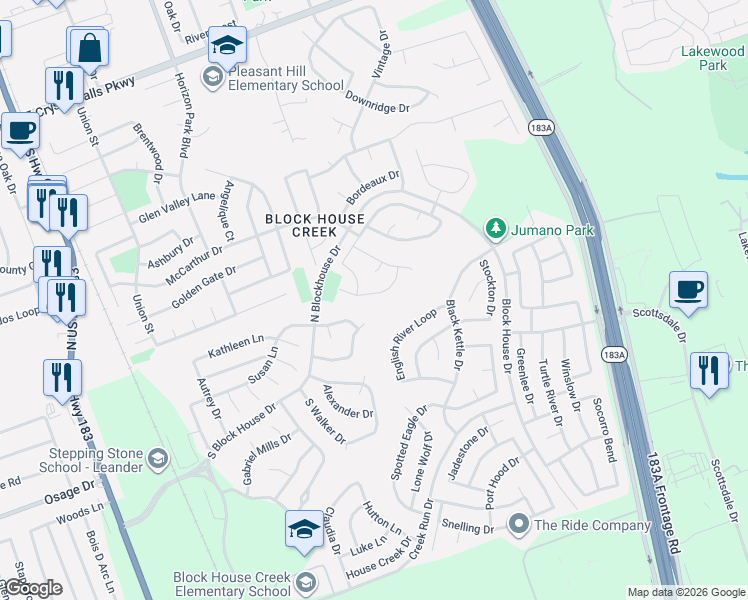 map of restaurants, bars, coffee shops, grocery stores, and more near 1015 Moser River Drive in Leander
