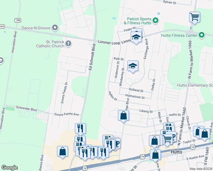 map of restaurants, bars, coffee shops, grocery stores, and more near 303 Hyltin Street in Hutto