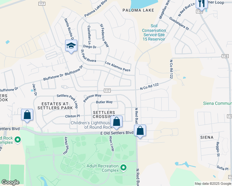 map of restaurants, bars, coffee shops, grocery stores, and more near 2500 Pearson Way in Round Rock