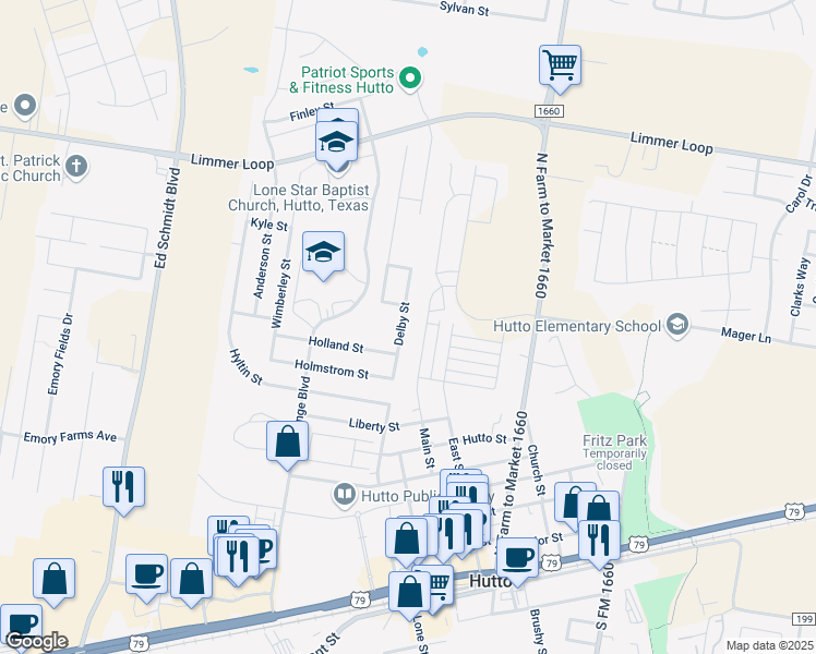 map of restaurants, bars, coffee shops, grocery stores, and more near 927 Main Street in Hutto