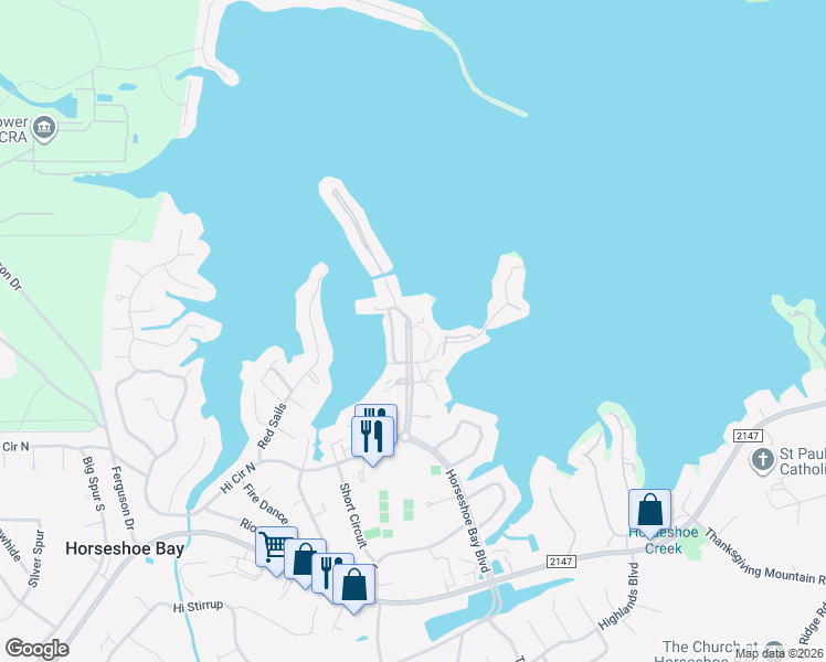 map of restaurants, bars, coffee shops, grocery stores, and more near 1001 The Cape in Horseshoe Bay