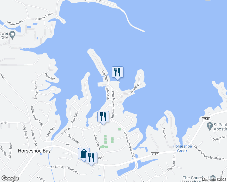 map of restaurants, bars, coffee shops, grocery stores, and more near 96 Island Drive in Horseshoe Bay