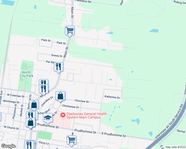 map of restaurants, bars, coffee shops, grocery stores, and more near 281 Marcel Street in Opelousas