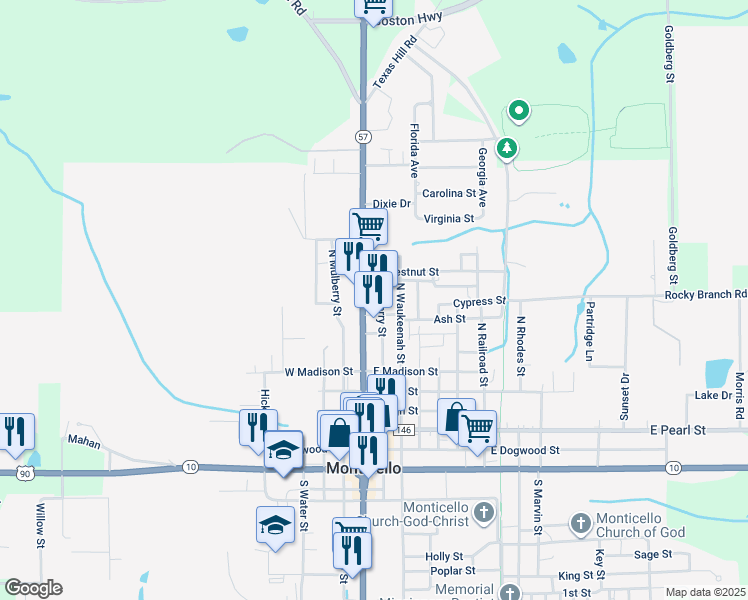 map of restaurants, bars, coffee shops, grocery stores, and more near 860 North Jefferson Street in Monticello