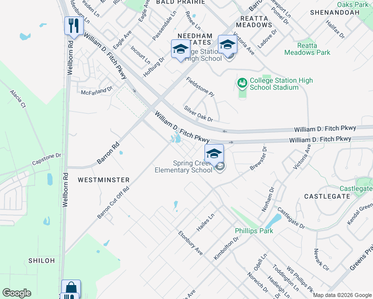 map of restaurants, bars, coffee shops, grocery stores, and more near 3923 Yukon Lane in College Station