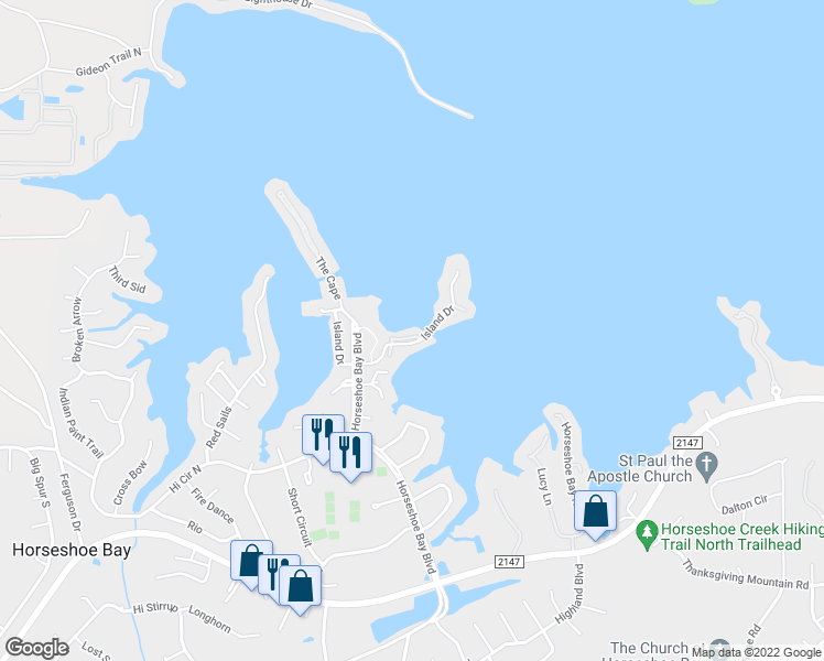 map of restaurants, bars, coffee shops, grocery stores, and more near 106 Island Drive in Horseshoe Bay