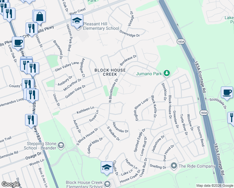 map of restaurants, bars, coffee shops, grocery stores, and more near 903 Moser River Drive in Leander
