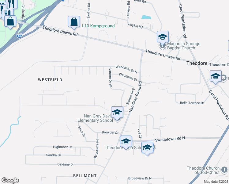 map of restaurants, bars, coffee shops, grocery stores, and more near 6370 Lauren Dr S in Theodore