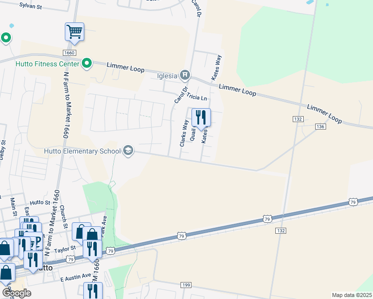 map of restaurants, bars, coffee shops, grocery stores, and more near 100 Quail Circle in Hutto