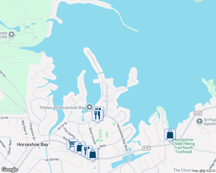 map of restaurants, bars, coffee shops, grocery stores, and more near 96 Island Drive in Horseshoe Bay