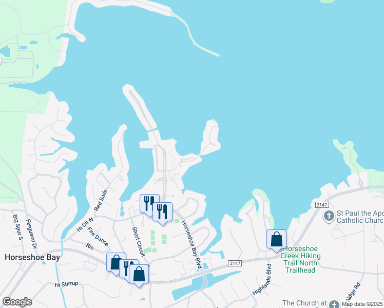 map of restaurants, bars, coffee shops, grocery stores, and more near 106 Island Drive in Horseshoe Bay