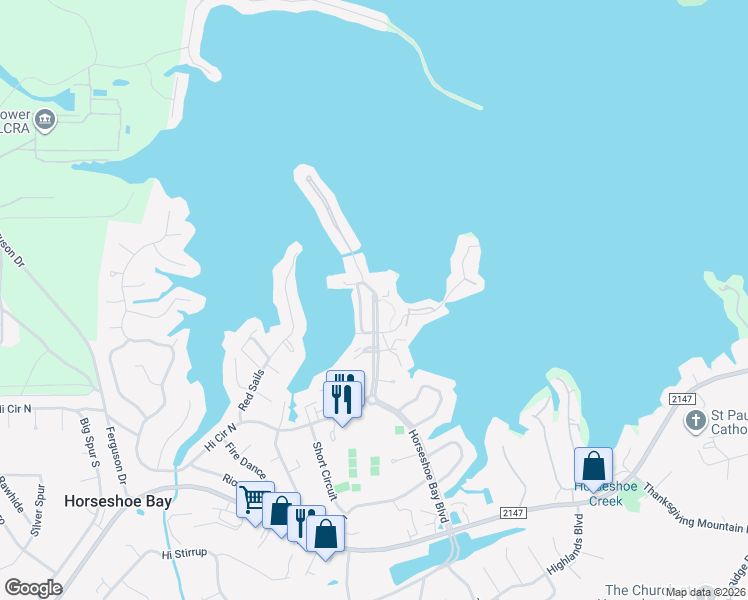 map of restaurants, bars, coffee shops, grocery stores, and more near 200 Hi Circle North in Horseshoe Bay