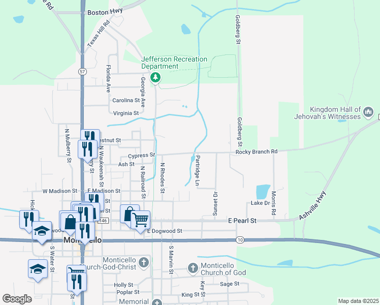map of restaurants, bars, coffee shops, grocery stores, and more near 960 Rocky Branch Road in Monticello