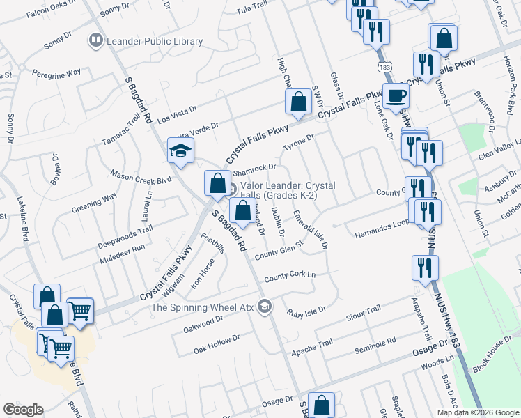 map of restaurants, bars, coffee shops, grocery stores, and more near 1808 Ireland Drive in Leander