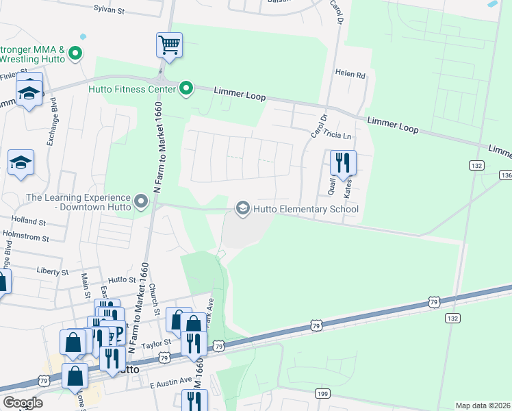 map of restaurants, bars, coffee shops, grocery stores, and more near 101 Mager Lane in Hutto