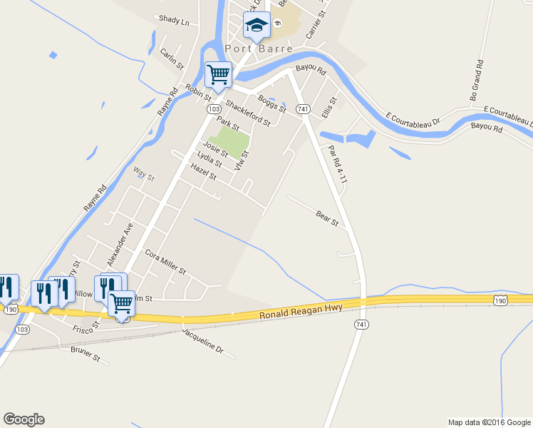 map of restaurants, bars, coffee shops, grocery stores, and more near 303 Martin Luther King Street in Port Barre