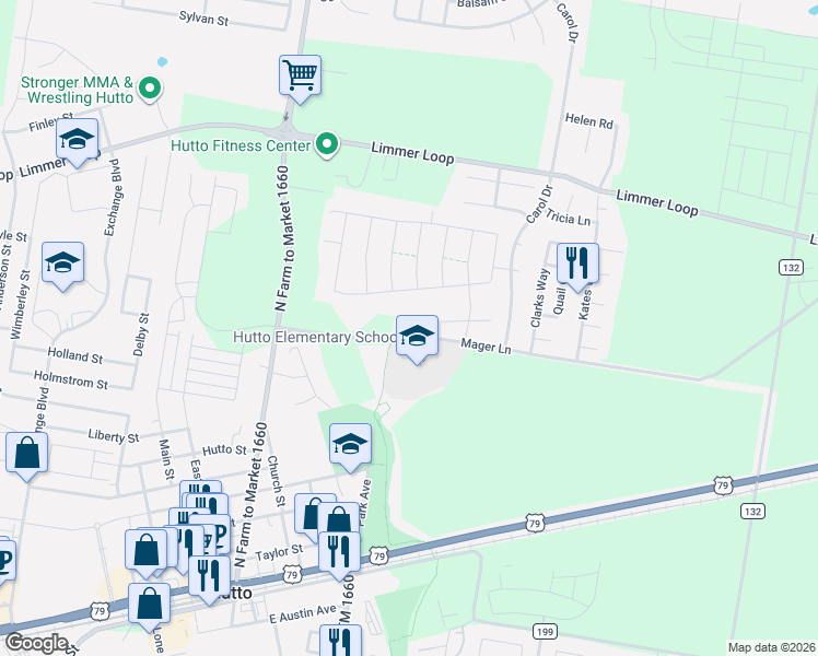 map of restaurants, bars, coffee shops, grocery stores, and more near 101 Mager Lane in Hutto