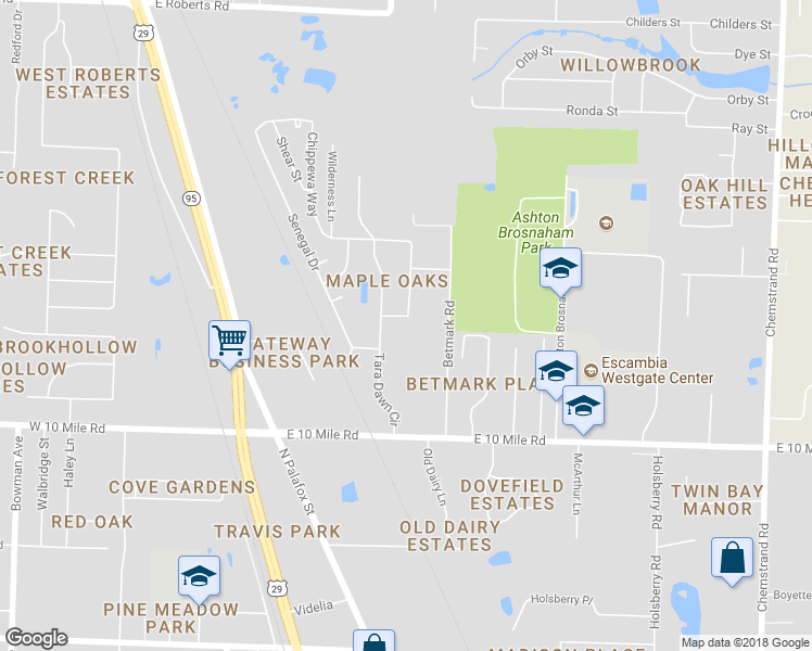 map of restaurants, bars, coffee shops, grocery stores, and more near 10945 Tara Dawn Circle in Pensacola