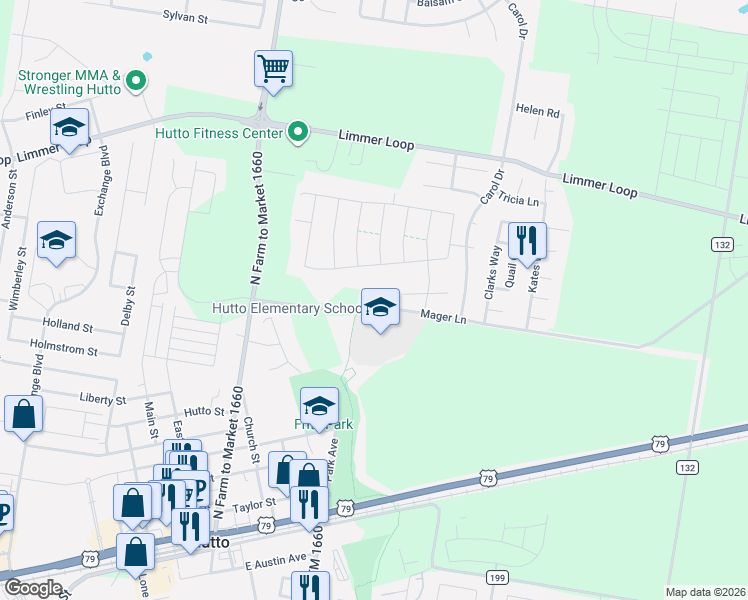 map of restaurants, bars, coffee shops, grocery stores, and more near 101 Mager Lane in Hutto