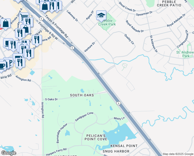 map of restaurants, bars, coffee shops, grocery stores, and more near 16198 Frontage 6 Road West in College Station