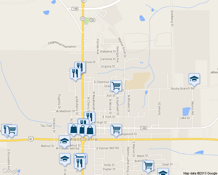 map of restaurants, bars, coffee shops, grocery stores, and more near 685 Green Street in Monticello