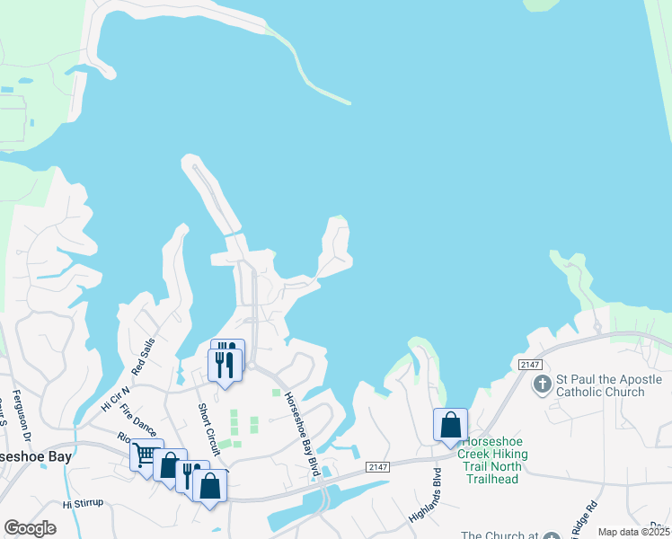 map of restaurants, bars, coffee shops, grocery stores, and more near 305 Island Drive in Horseshoe Bay