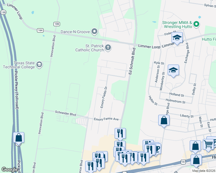 map of restaurants, bars, coffee shops, grocery stores, and more near 204 Emory Fields Drive in Hutto
