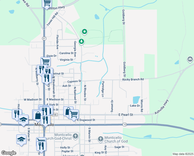 map of restaurants, bars, coffee shops, grocery stores, and more near 960 Rocky Branch Road in Monticello