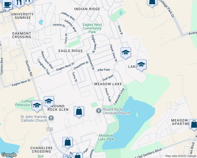 map of restaurants, bars, coffee shops, grocery stores, and more near 3408 Settlement Drive in Round Rock