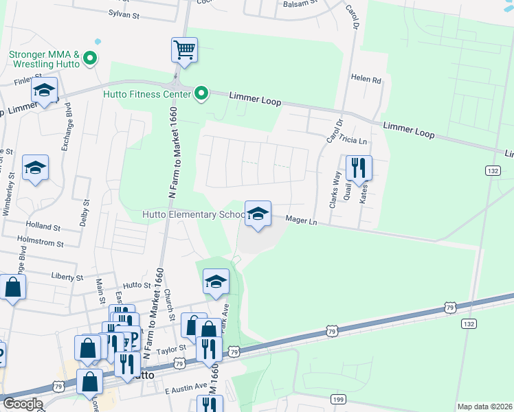 map of restaurants, bars, coffee shops, grocery stores, and more near 101 Mager Lane in Hutto
