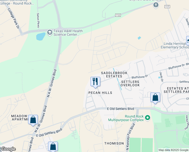 map of restaurants, bars, coffee shops, grocery stores, and more near 705 Fairview Cove in Round Rock