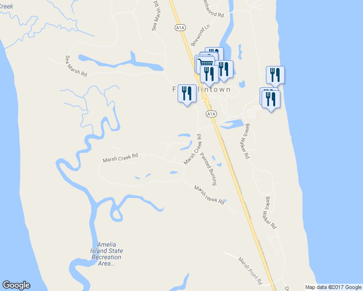 map of restaurants, bars, coffee shops, grocery stores, and more near 19 Belted Kingfisher Road in Fernandina Beach