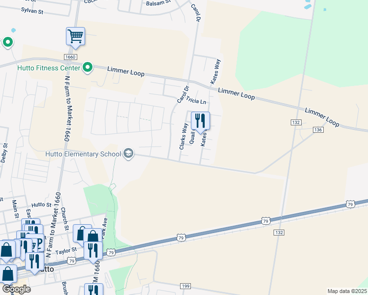 map of restaurants, bars, coffee shops, grocery stores, and more near 100 Quail Circle in Hutto