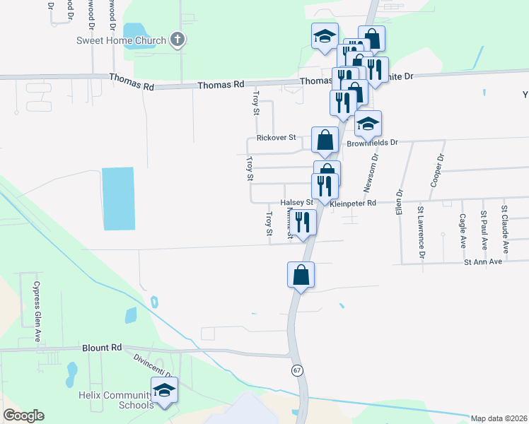 map of restaurants, bars, coffee shops, grocery stores, and more near 5424 Halsey Street in Brownfields